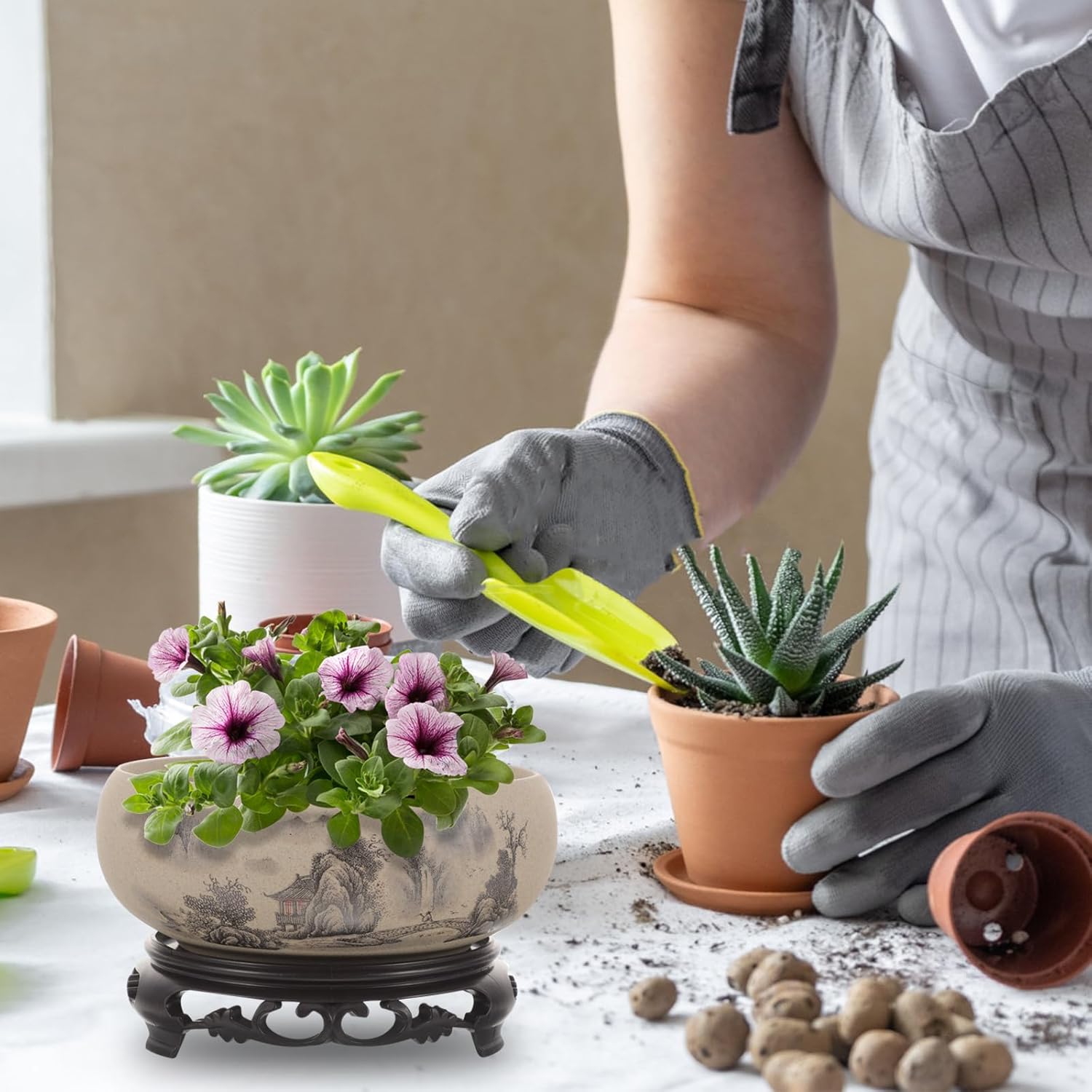 Water Lily Bowl Planter - Narcissus Bonsai Pot Ceramics Hydroponic Lotus Planter Ceramic Water Lily Pot with Stand No Drainage Plant for Plants Display Lucky Bamboo Home Garden Chinese Fish Bowl