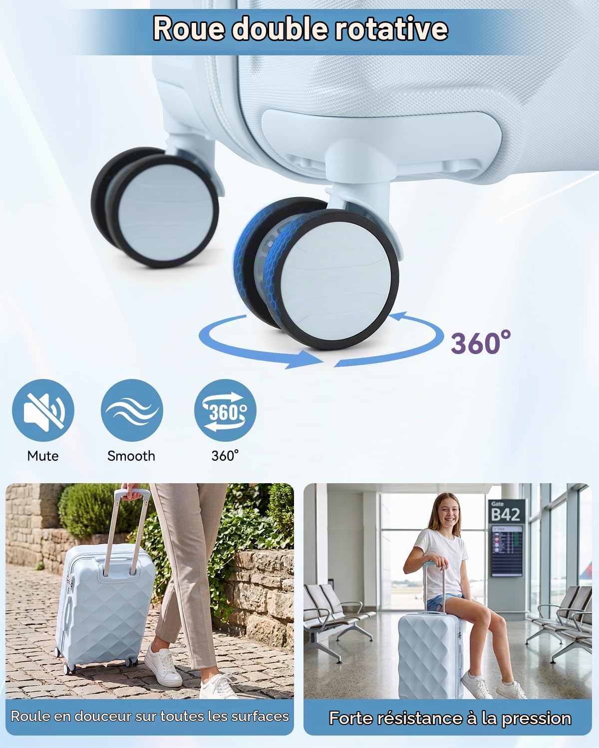 Sea choice Set de Valises Rigide de Voyage de ABS 5 pcs Ensemble de Valises avec Trousse de Toilette Sac de Voyage Lot de 3 Bagages (55/65/76) avec 8 Roues Serrure TSA