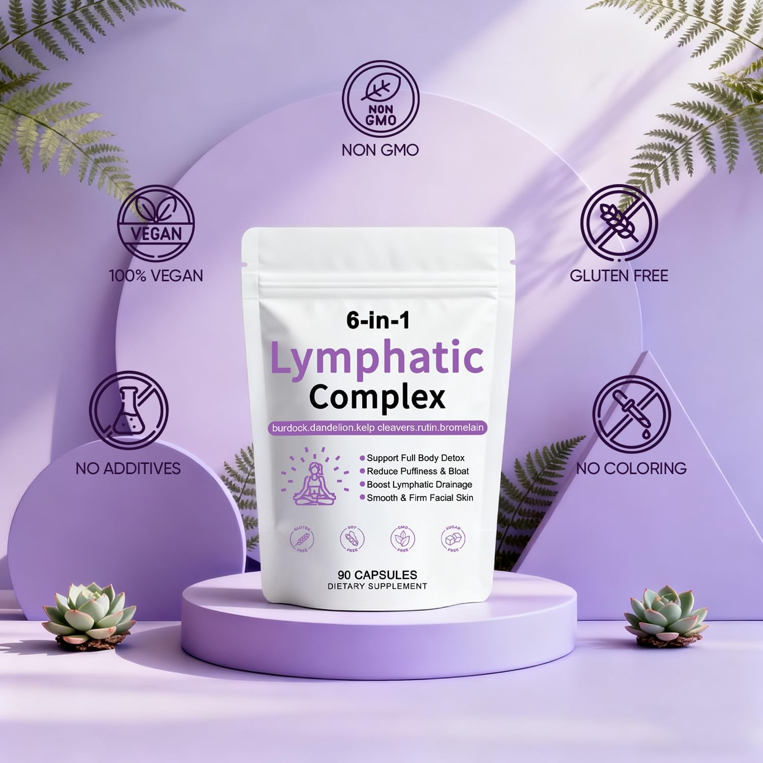 6-in-1 Lymphatic Complex Capsules, Lymphatic Drainage Supplements, with Burdock, Dandelion, Kelp Cleavers, Reduce Bloat, Balance Cortisol, Full Body Detox (90 Servings) (1)