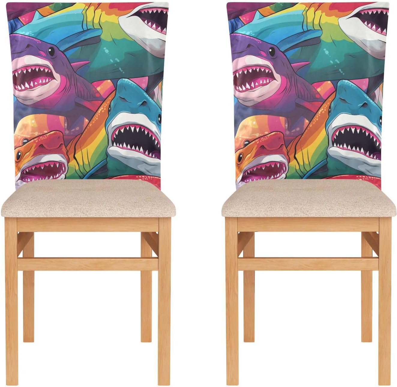 ALAZA Rainbow Color Sharks Chair Back Cover Set of 6, Washable Reusable Removable Chair Slipcovers Decorative Chair Cover for Home Kitchen Wedding Party
