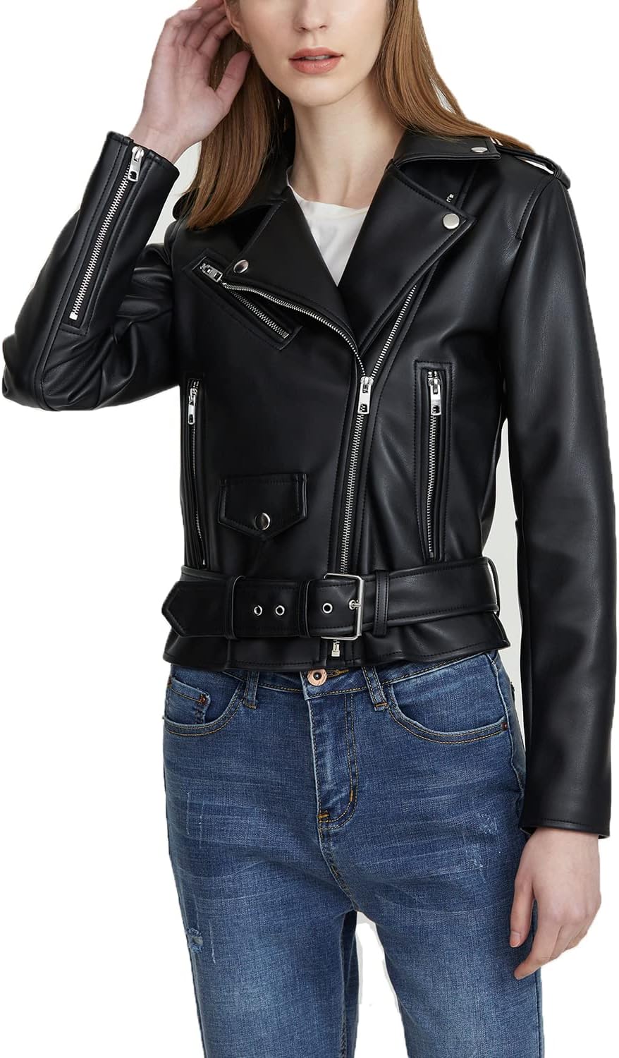 LY VAREY LIN Women's Faux Leather Motorcycle Jacket PU Slim Short Biker Coat - Image 4