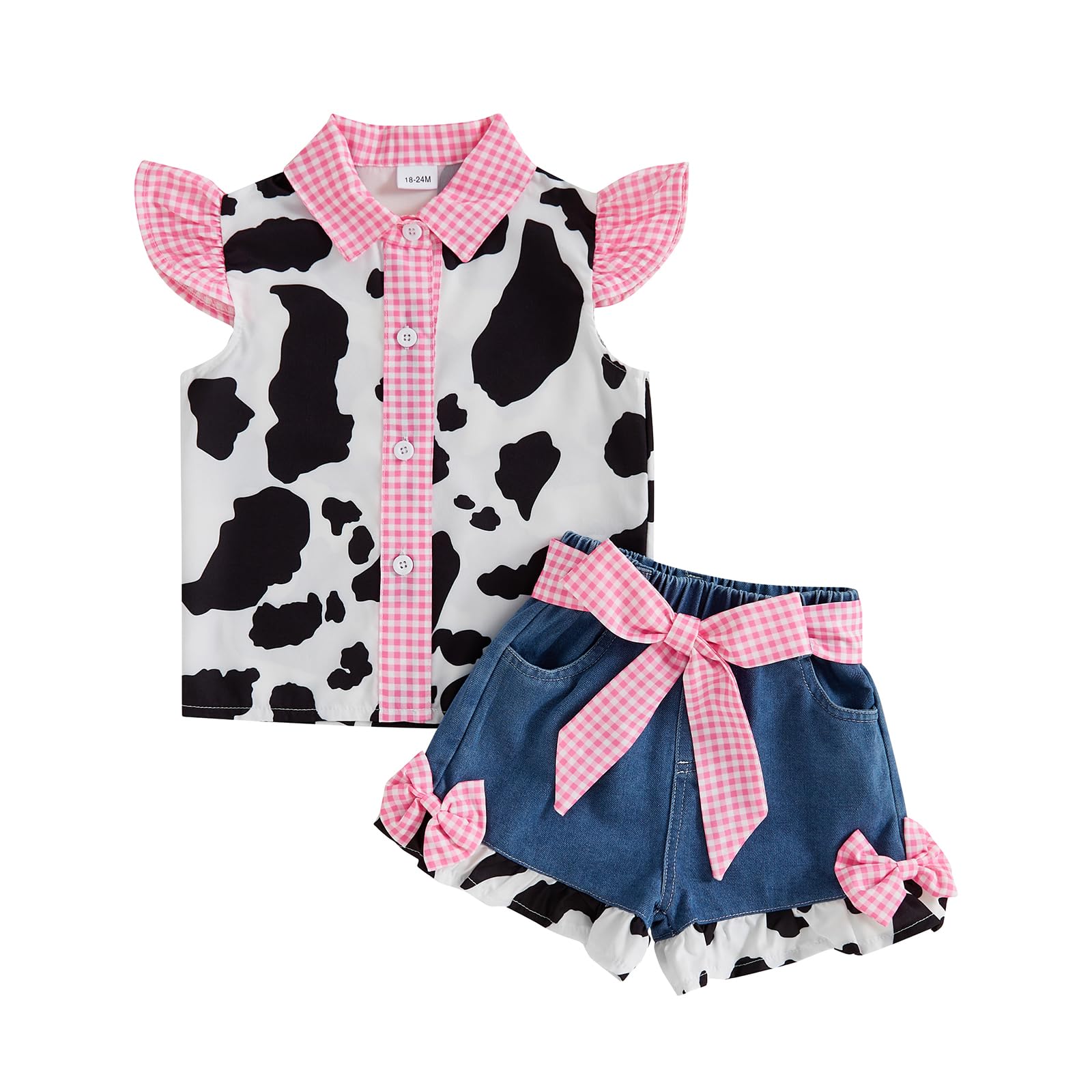 Western Baby Mädchen Denim Outfits Kuhdruck Rüschen Ärmel Knopfleiste Tops mit Schleife Weites Bein Jeans Shorts Set