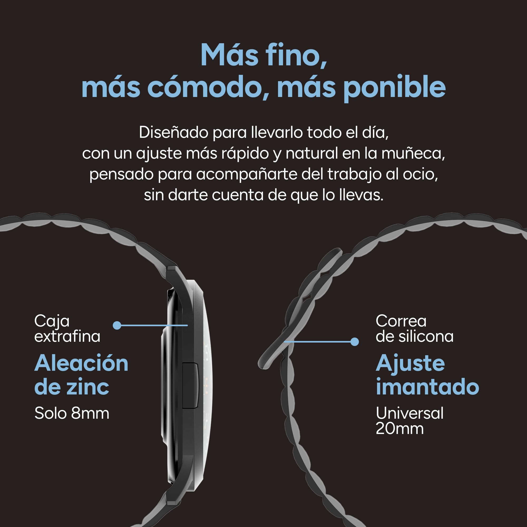 KSIX Smartwatch Core 3 Go - Reloj Inteligente Pantalla AMOLED 1.32", Diseño Ultra Fino, Llamadas, Correa de Silicona Magnética, IP67, Compatible con iPhone® y Android® - Negro