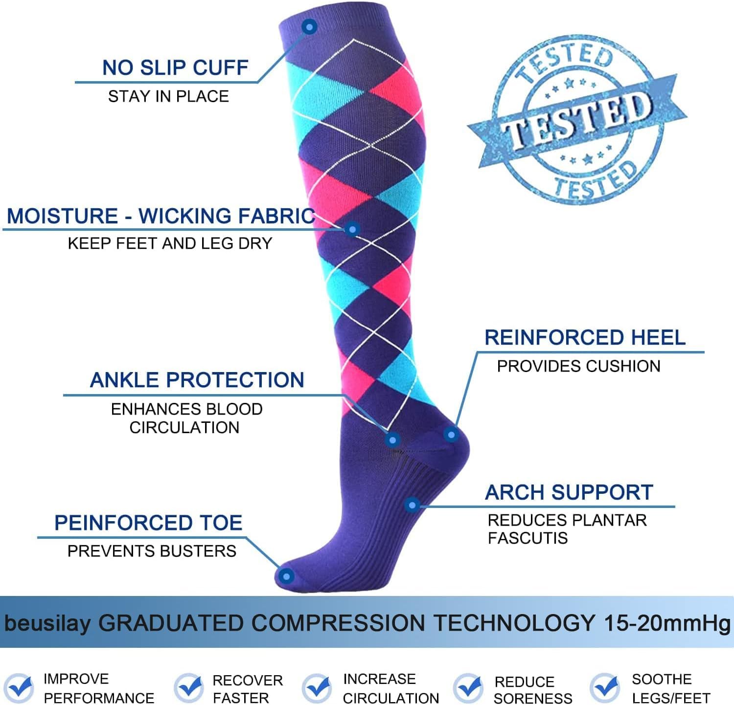 8 Paires Bas de Contention Femme Homme Chaussettes de Contention (15-20 mmHg) Chaussettes de Compression pour Sport fitness Infirmiere course cyclisme Vols randonnée voyages