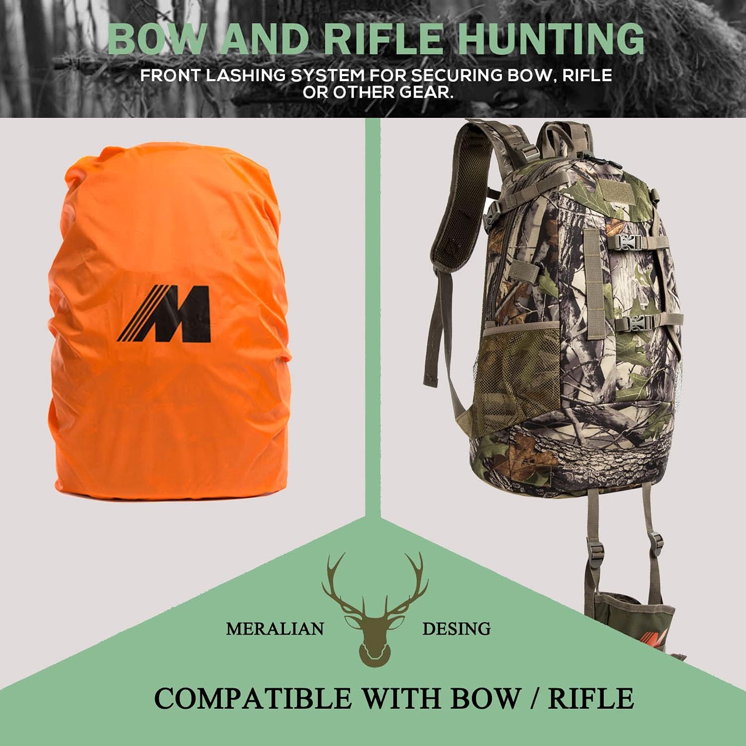 MERALIAN Hunting Backpack,Outdoor Hunting Daypack for Bow or Rifle with Rain Cover. (Green) : Sports & Outdoors