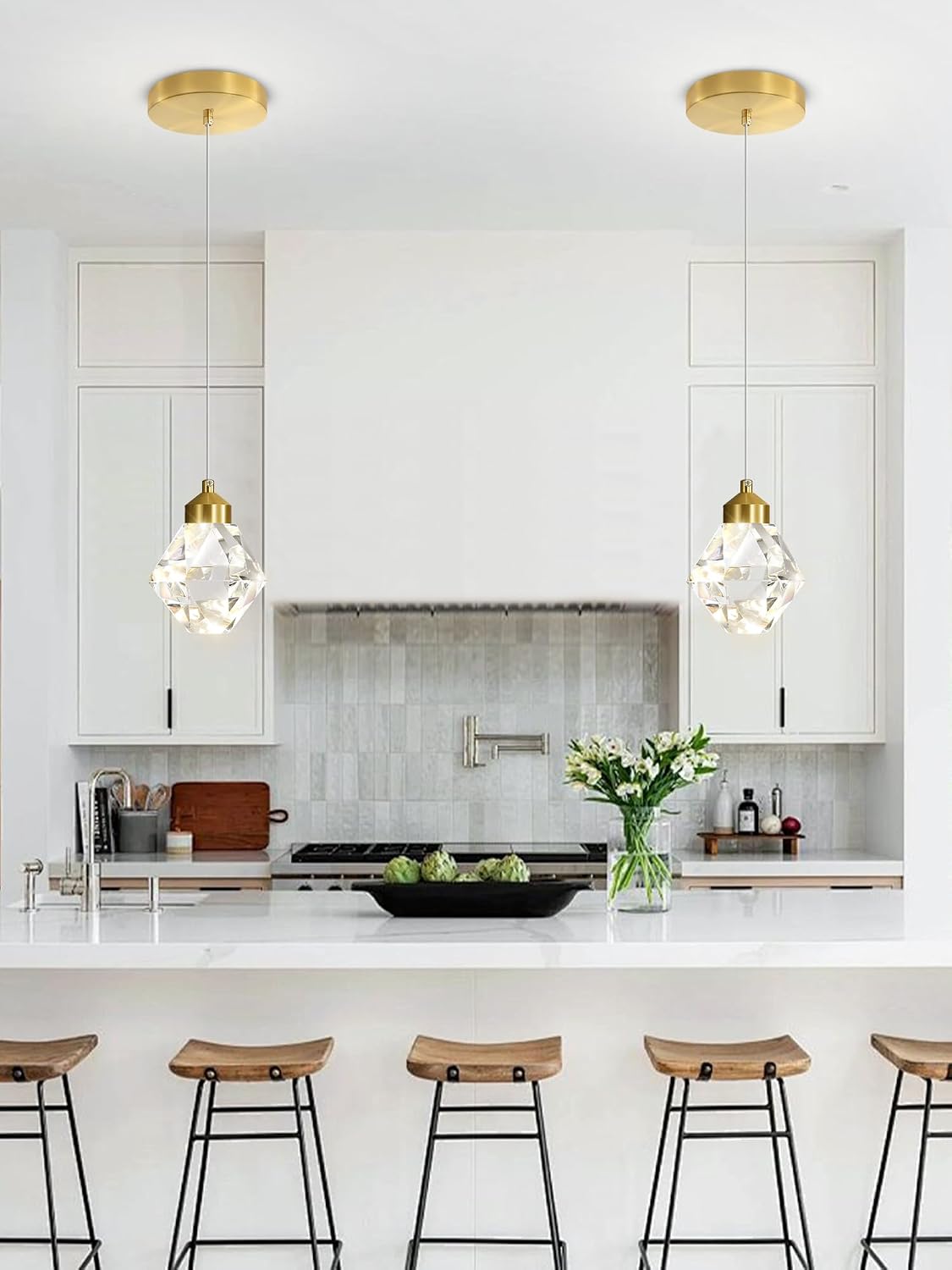 1-Light Crystal Pendant Light for Kitchen Island,Gold Chandelier Lights Fixture, Hanging Lighting Ceiling Light Fixture Modern Adjustable Pendant Lighting for Dining Room Bedroom