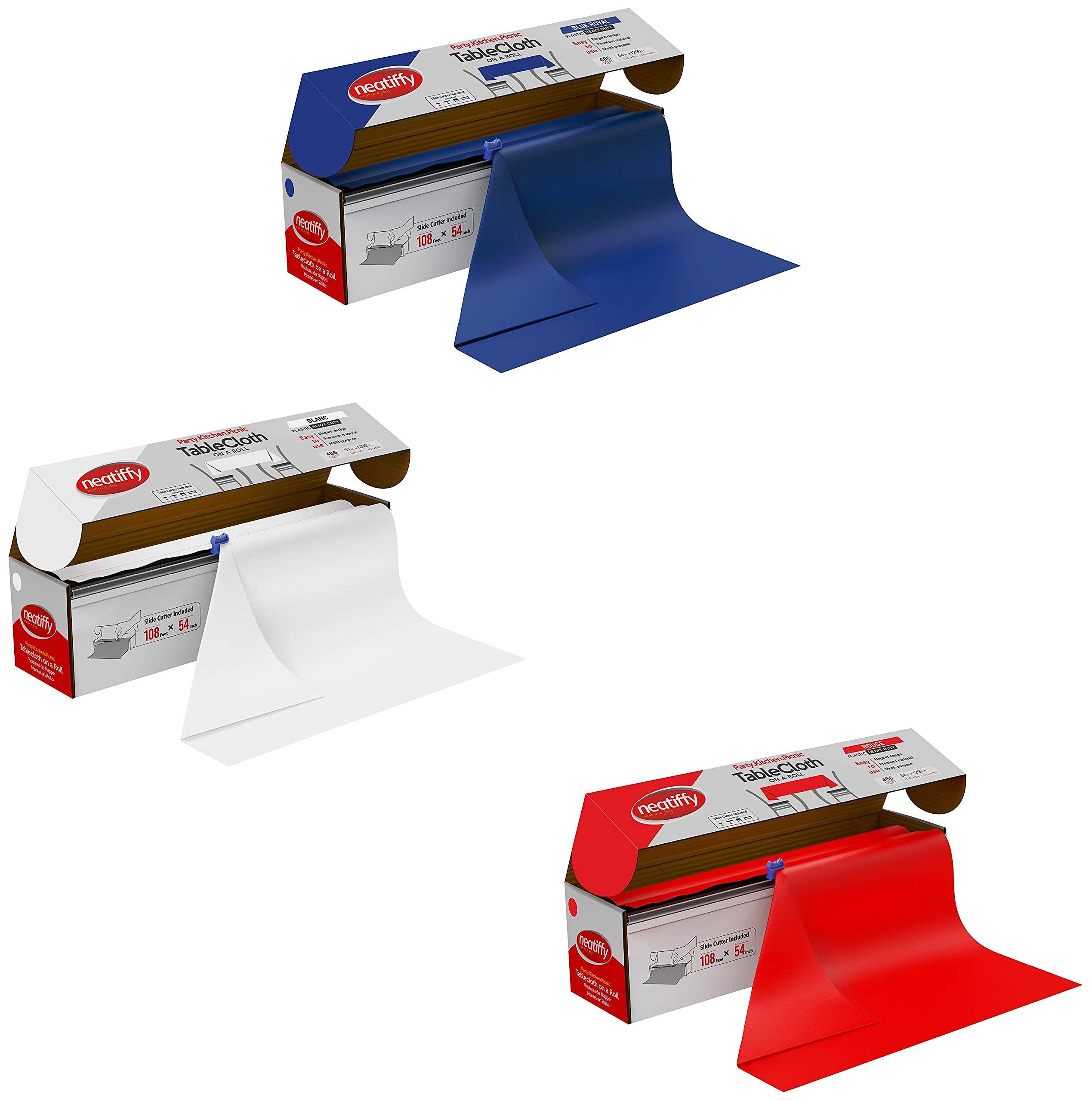 Neatiffy Disposable Plastic Table Cloth Roll | 54 in x 108 Ft Waterproof Tablecloth | Table Cover for Rectangle, Square, Round Oval Tables | Picnic, Party, Banquet- Blue, White, Red