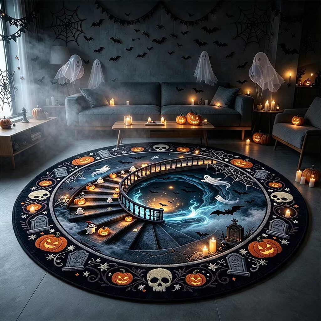 Round Halloween Area Rug Non-Slip Soft Circle Mat Home Decor