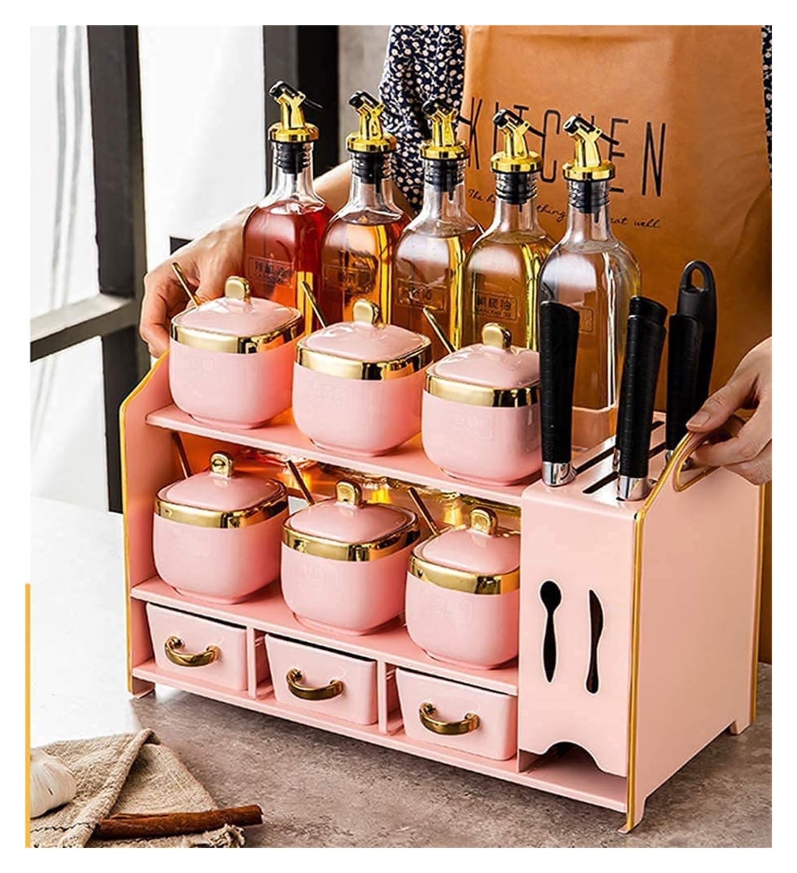 Dosificador de Aceite y Vinagre Botellas de aceite de vidrio 500 ml y tarros de condimentos Botella de condimento de cocina y soporte for cuchillos de cocina, bote de botella de vinagre de aceite coci