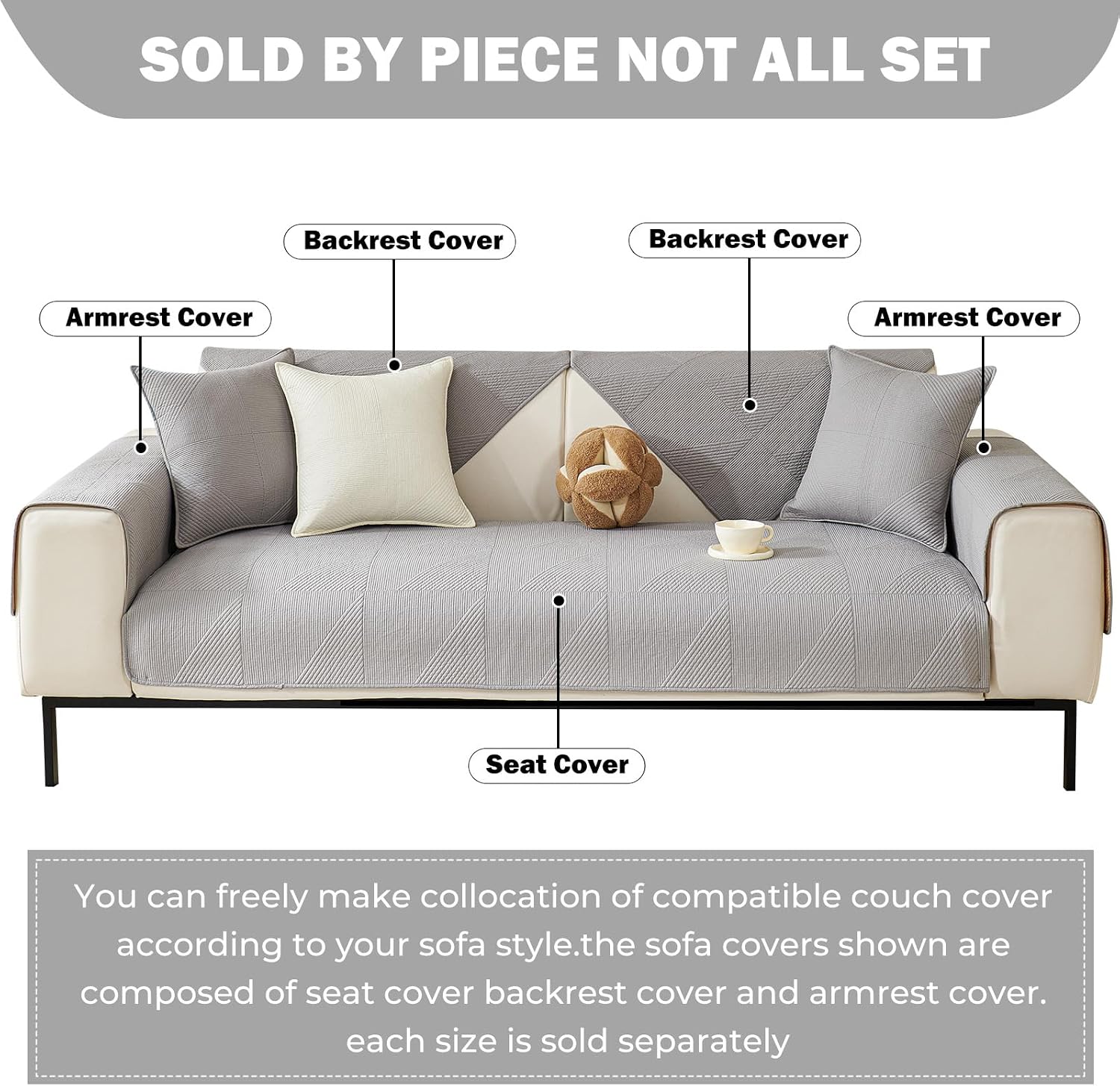 vctops Cotton Quilted Couch Cover for Dogs Washable, Non Slip Sectional Sofa Cover, Farmhouse Sofa Slipcovers for 3 Cushion Couch Sofa L Shaped Recliner, Furniture Protector Covers (Grey,28"x28")