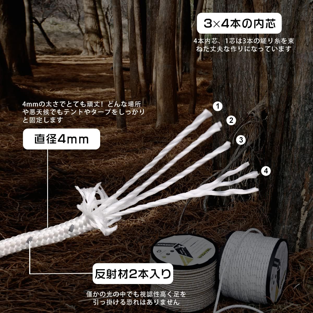 名入れ無料 ガイロープ 4mm 反射 パラコード テントロープ タープロープ 太さ 5ｍｍ 長さ 50ｍ 耐荷重 350kg テント用ロープ ガイライン 張り綱 アルミ自在金具 7枚付き Gts Com Pe