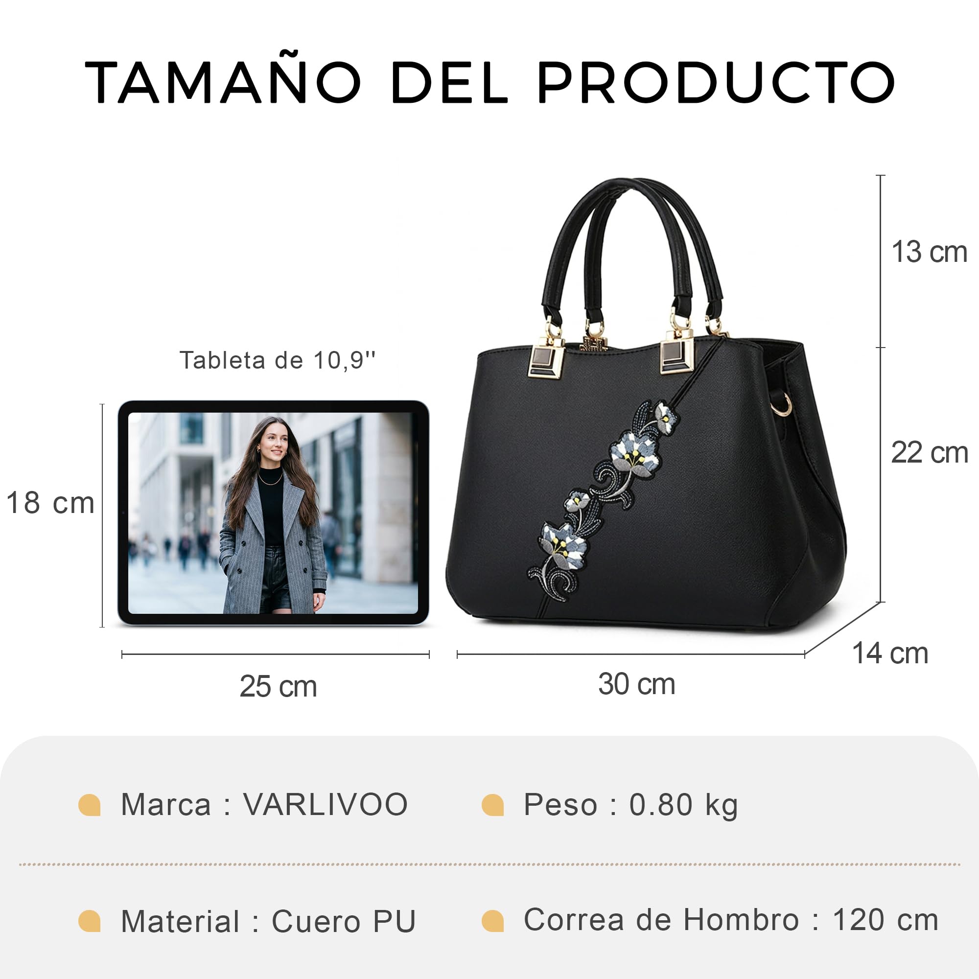 VARLIVOO Bolso Mujer Elegante Bolso de Mano con Bordado Floral PU Piel Bolsa Bandolera Marca para Trabajo Viajes Compras Fiesta Negro