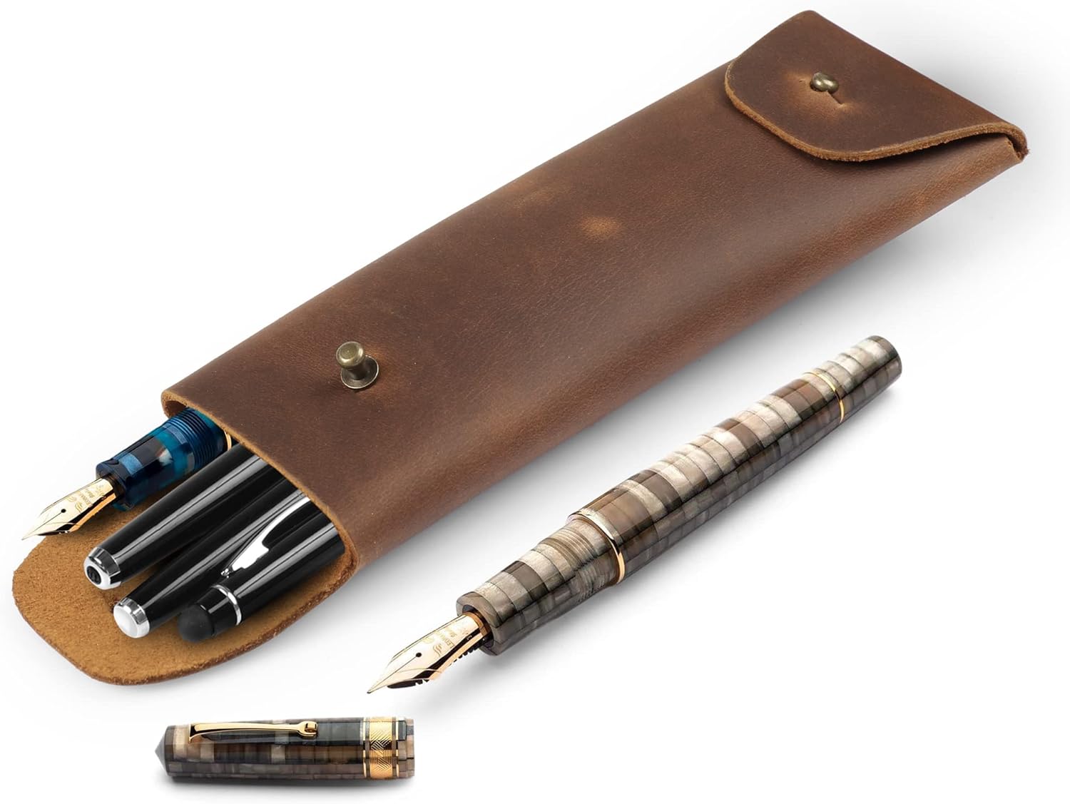 Londo Genuine Leather Retro Pen and Pencil Case - Metal Snap Fastener, Pencil Pouch Stationery Bag - Image 9