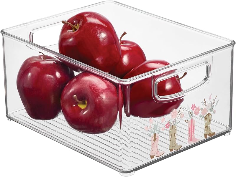 Bathroom Organizer Bin, Clear/Western | Decorative Print, Stackable, Plastic Storage Basket, For Makeup & Vanity Organization