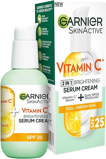 Garnier Vitamin C Serum Cream, 2in1 Formula with 20% Vitamin C serum & SPF 25 Moisturiser, Hydrate & Reveal Bright Glowing Skin, Organic & Vegan Formula, 50ml