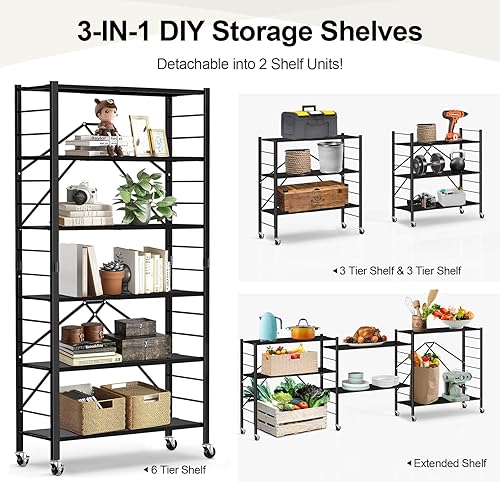 Miniatura 10 de Estantes de almacenamiento plegables de 5 niveles, estantes plegables expandibles con ruedas, intercambiables en 2 unidades de estante, estantes de