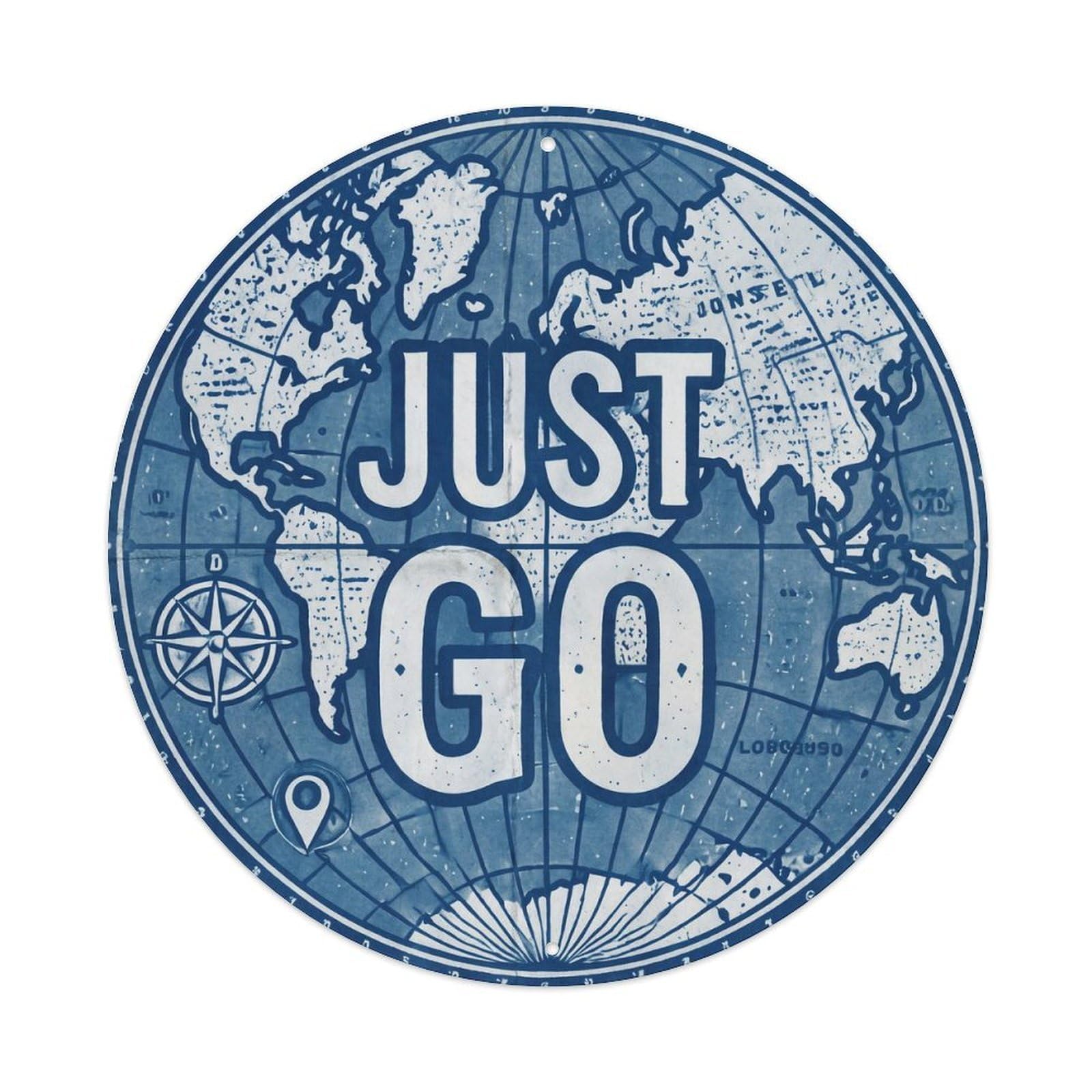 Vintage World Map with Compass Just Go Flame Metal Tin Sign