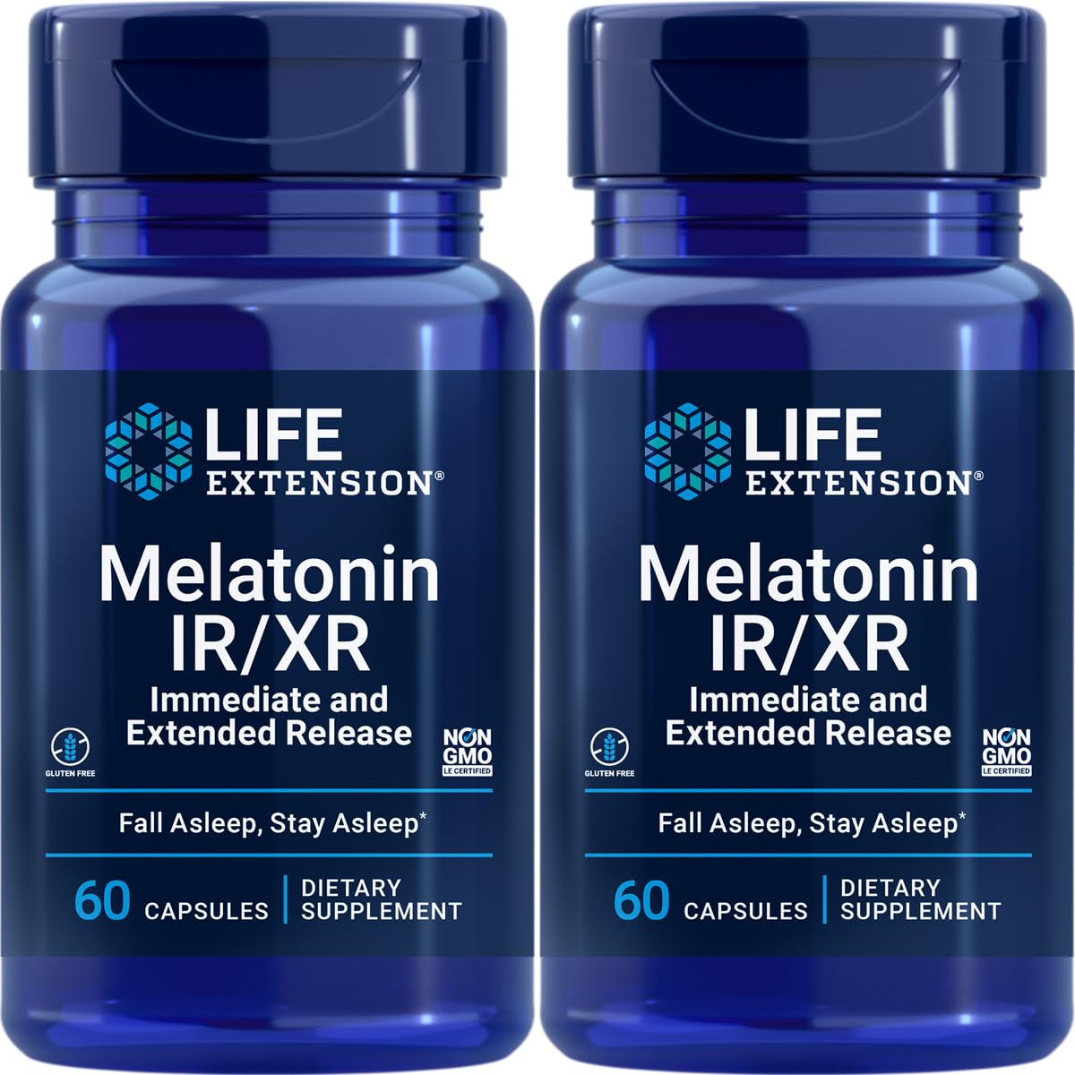 Life Extension Melatonin IR/XR, 1.5 mg, immediate- and Extended-Release Formula for Optimal Sleep Support, Healthy circadian Rhythms, Cellular Defense, Gluten-Free, Non-GMO, 2 X 60 Capsules 60 Count (Pack of 2)