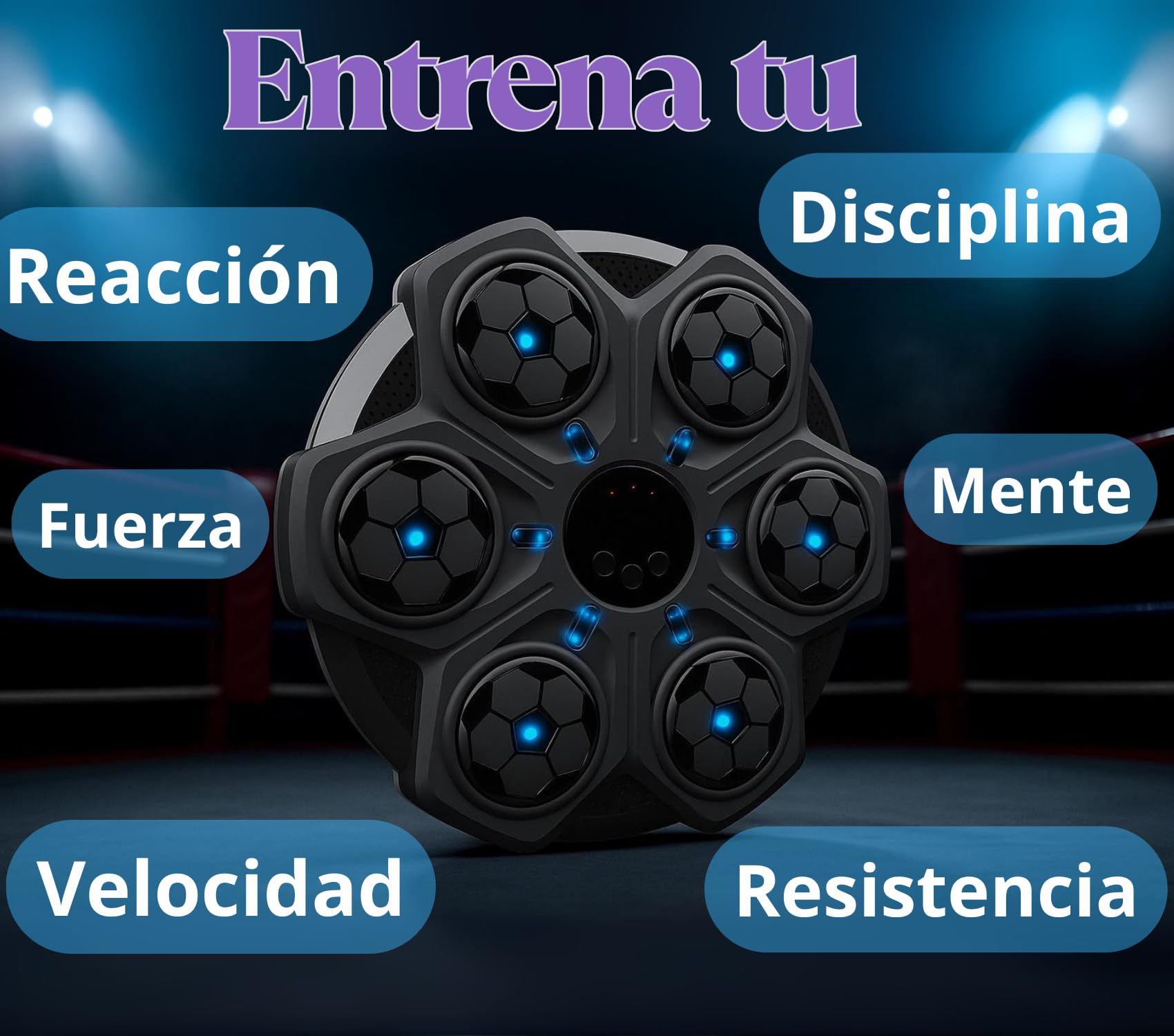 Genérico Máquina de Boxeo Electrónica con Luces LED, Sonido y Bluetooth| Juego de Reflejos para Niños y Adultos| Música Personalizable, Guantes Incluidos, Batería de Litio Recargable USB.