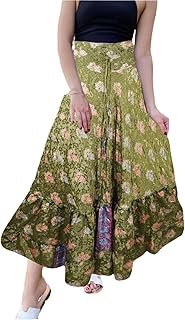 Womens Olive Green Floral Beach Maxi Skirt Tiered Ruffle Boho Skirt ML