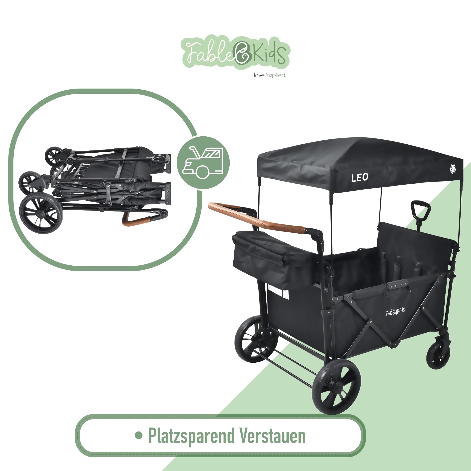 FableKids Chariot à roulettes Leo X4Lite avec Toit | Chariot de Transport Pliable | supporte jusqu'à 20 kg par siège | Harnais 5 Points | Roues 360° | Frein à Pied | Noir Onyx