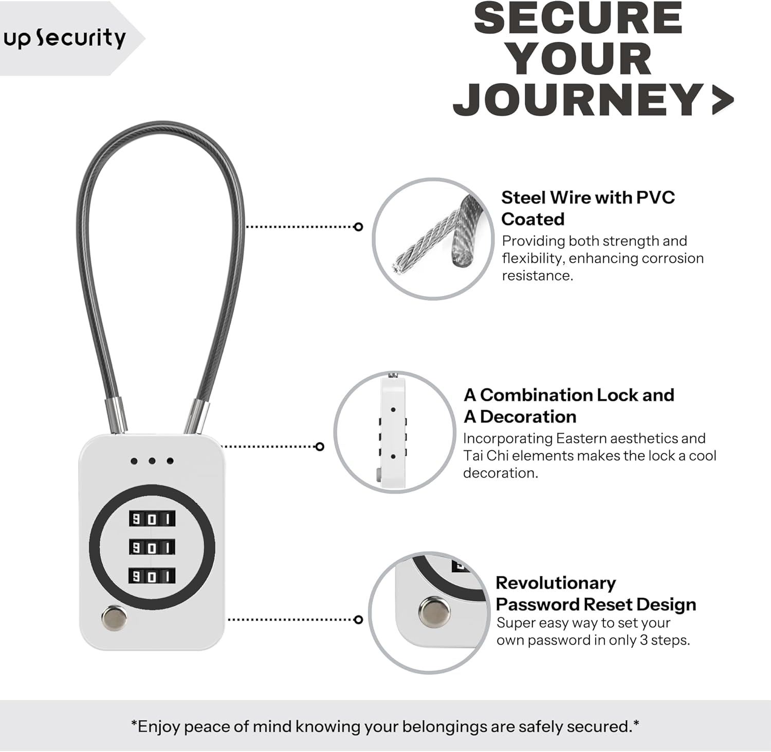 Cable Lock with Combination, Combo Cable Lock with Code, Small Padlock Combination, Combo Padlock for Travel Luggage, Backpack, Bag Zipper, Locker, Tool Box, Bike Basket (Non-Luminous)