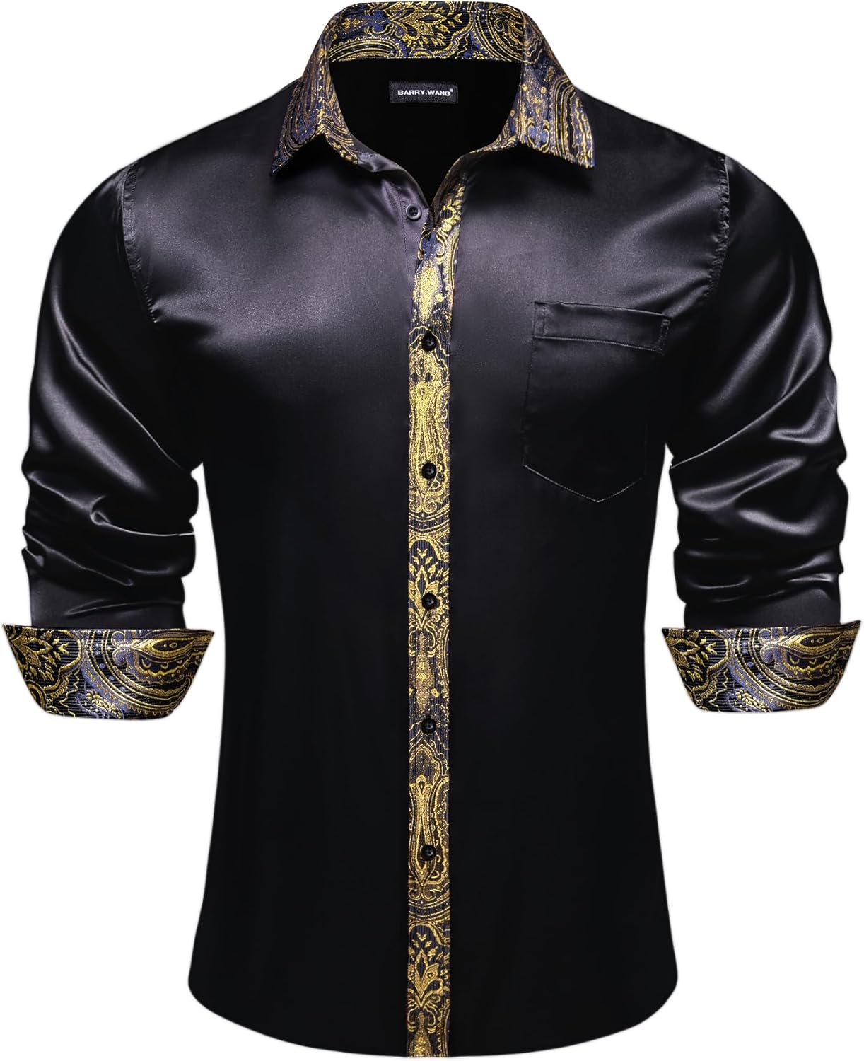 Barry.Wang Mens Satin Silk Shirts Long Sleeve Designer Dress Shirt Shiny Untucked Casual Button Down Shirt Party Disco Formal - Image 2