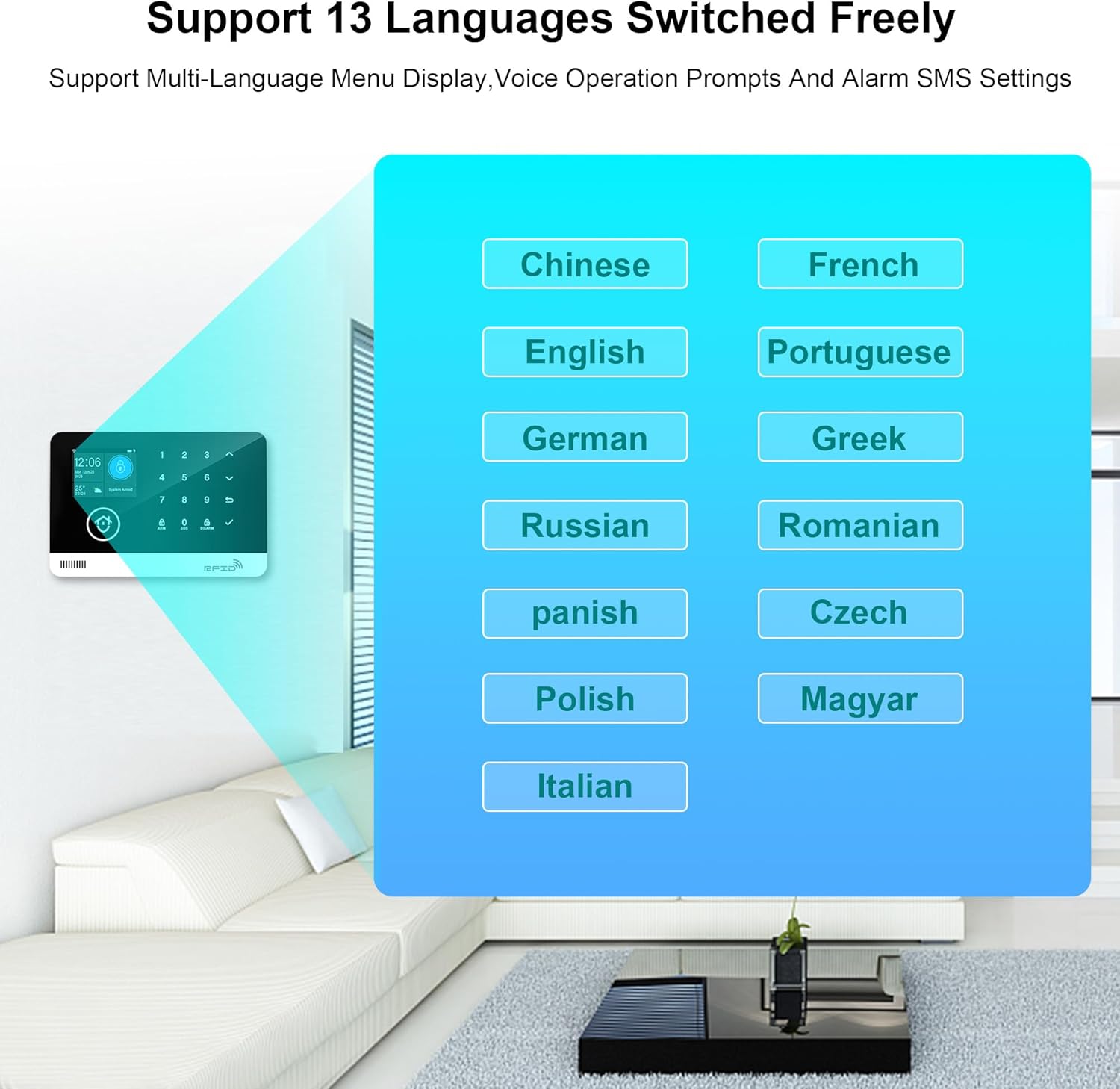 Image showing the 13 supported languages for the alarm system