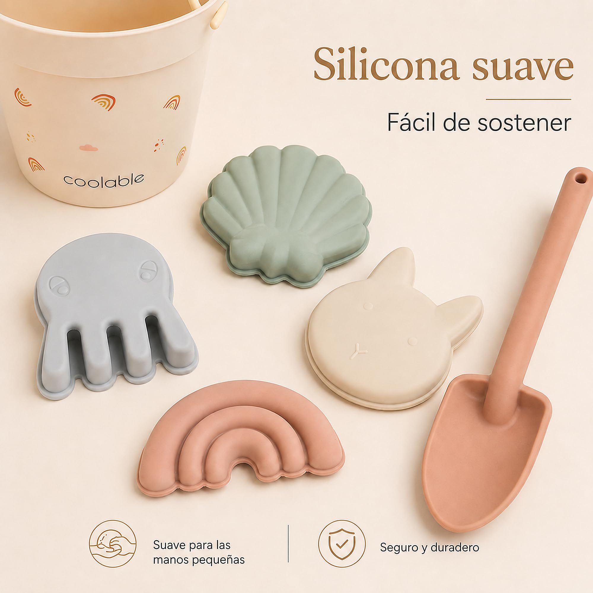 Set de 6 Juguetes de Playa de Silicona para Niños - Cubo Plegable, Pala, 4 Moldes de Arena y Bolsa de Malla - Arcoiris