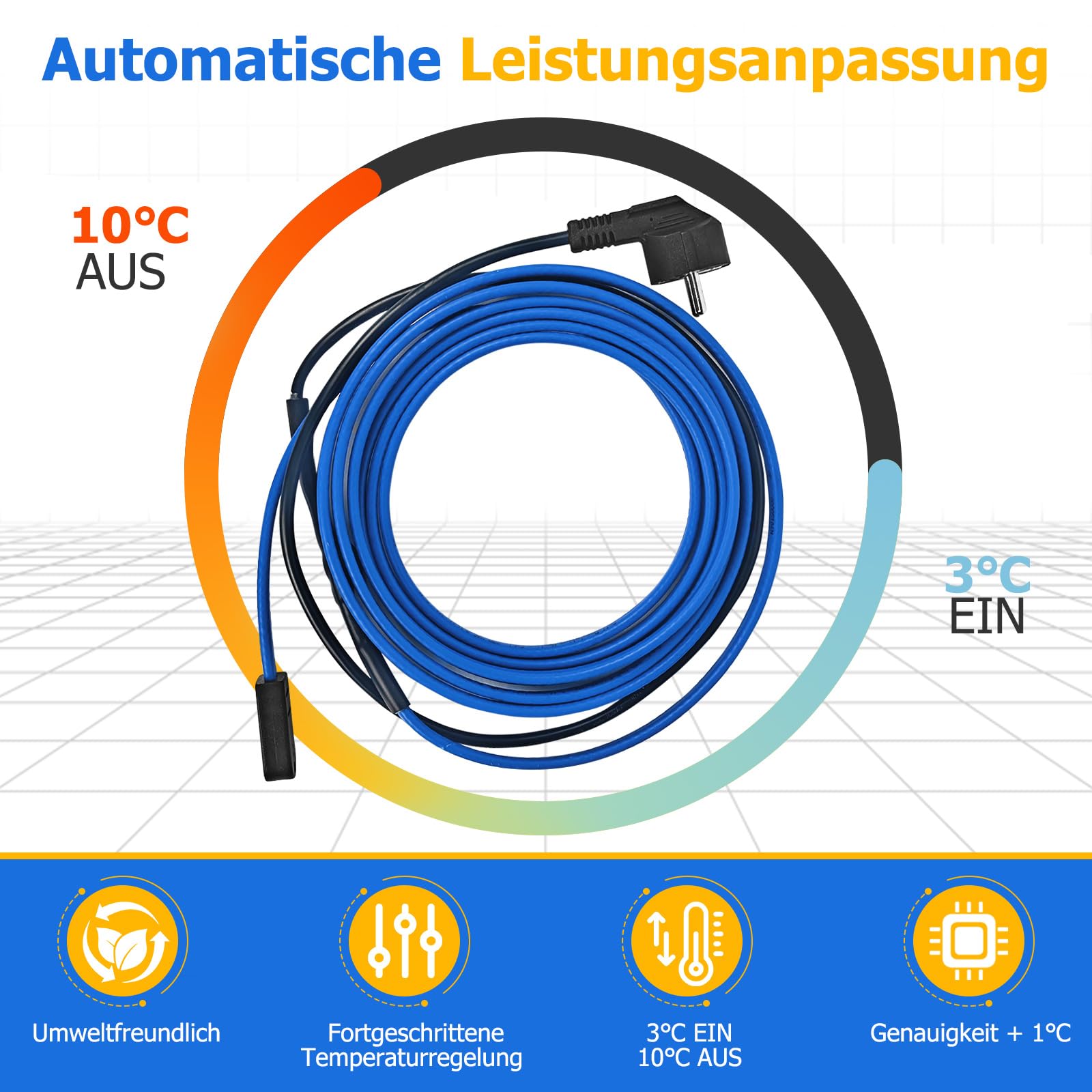 4M Heizkabel mit Thermostat, Frostschutz Heizleitung, 20 W/m Selbstregulierendes Heizband, iP67 Wasserdicht, Zum Schutz Wasserleitungen, Haus, Pool, Teich (4M, Blau)