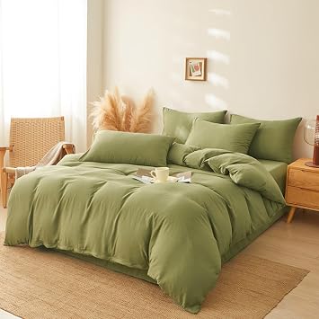 ZIQINPSQ Washed Cotton Duvet Cover Set,Comforter Cover,Solid Color Duvet Cover Bedding Set,3 Pcs Soft Microfiber Duvet Cover with Zipper Closure. DarkGreen, King