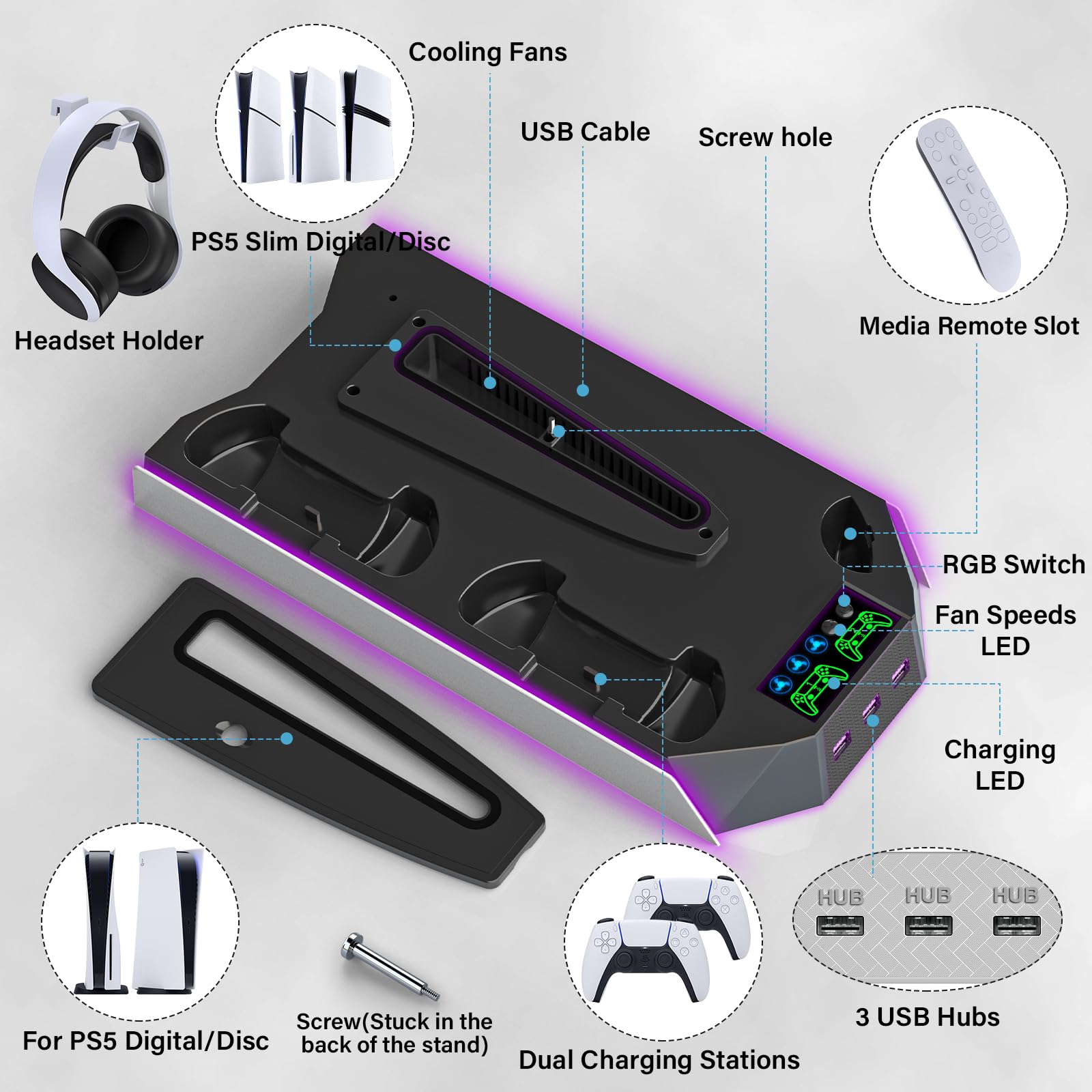 PS5/PS5 Slim Cooling Station Stand RGB con Dual Controller Base de carga para PlayStation 5 Consola PS5, accesorios PS5 incl. cargador de controlador, ventilador de refrigeración, soporte para