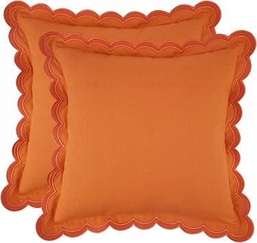 Reyox Set of 2 Scalloped Throw Pillow Covers, Cotton Decorative Pillow Covers for Sofa Couch Bedroom Chair Orange 18" x 18" Pack of 2