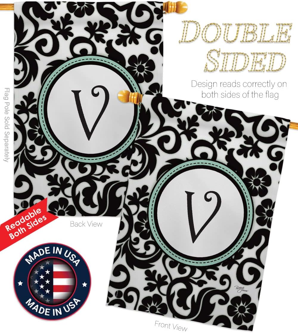 Breeze Decor H130074 Damask V Initial Decorative Vertical House Flag, 28" x 40", Multicolor