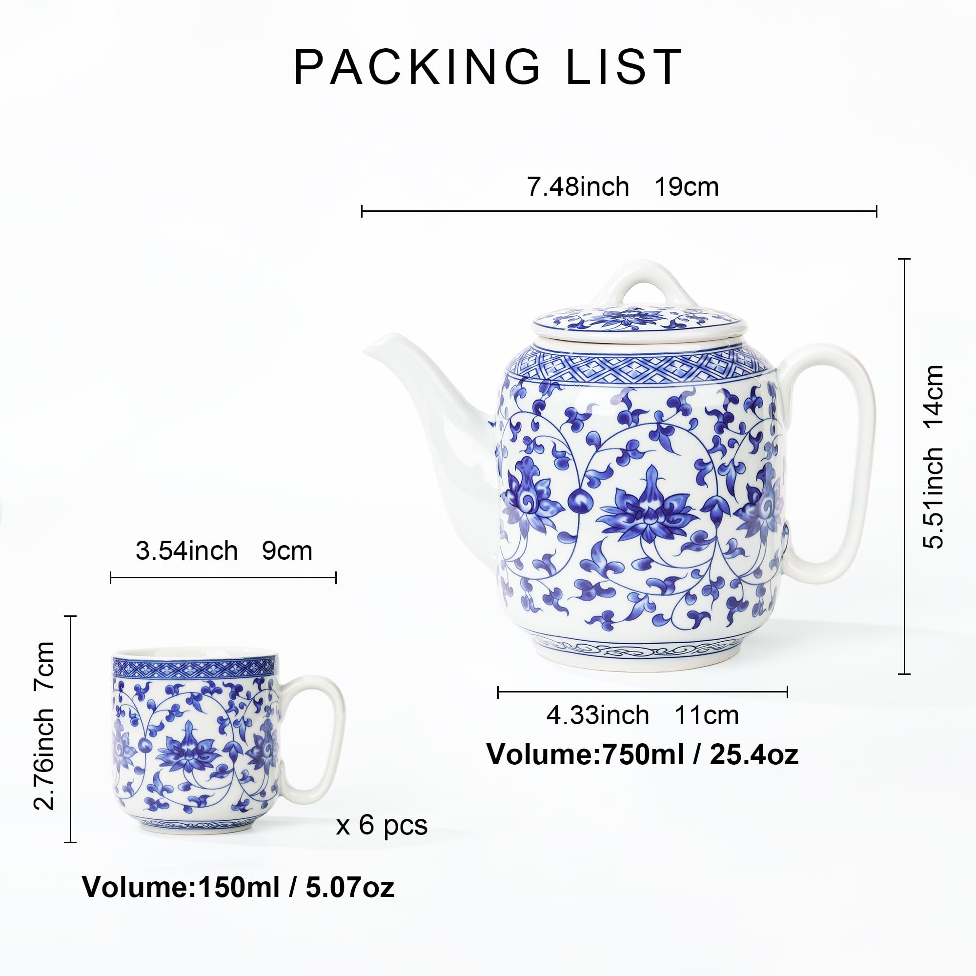 Fanquare Juego de Té Azul y Blanco - Tetera de Porcelana Floral Con Infusor, 6 Tazas - Juego Chino Para Adultos, Regalo