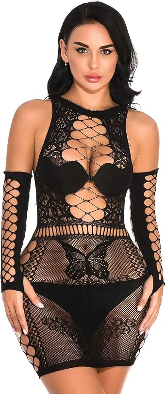 HiSexy Women Sheer Butterfly Fishnet Dress Babydoll Medium Sleeve Lingerie Set Mesh Sexy Babydoll Chemise