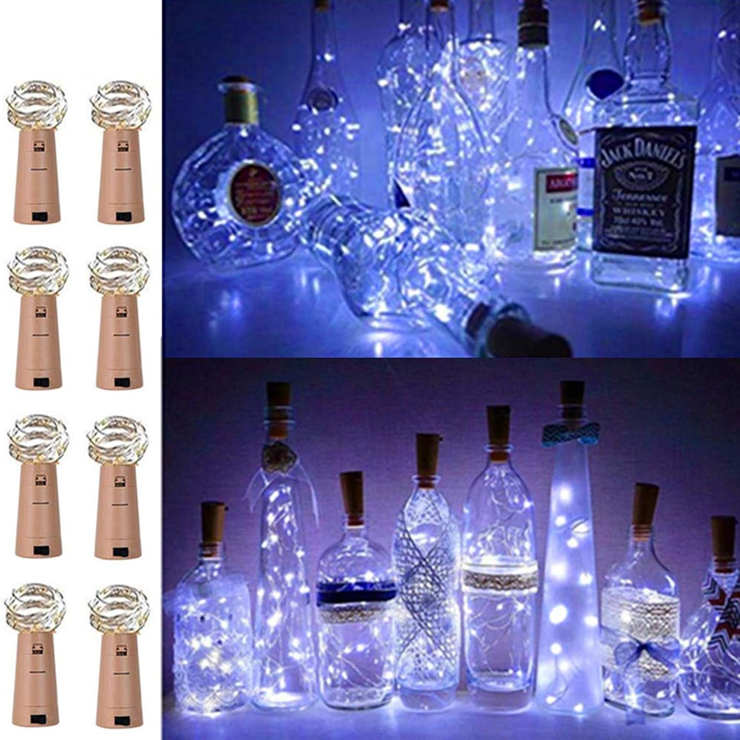 LiyuanQ 20 LED Wine Bottle Cork Lights Copper Wire String Lights, 8 Pack 2M/7.2FT Battery Operated Wine Bottle Fairy Lights Bottle DIY, Christmas, Wedding Party Décor Cool White (Bottle not Included)