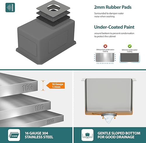 Miniatura 6 de Fregadero de barra de acero inoxidable de 15 x 17 pulgadas, fregadero de preparación de barra húmeda, acero inoxidable, calibre 16, cuenco