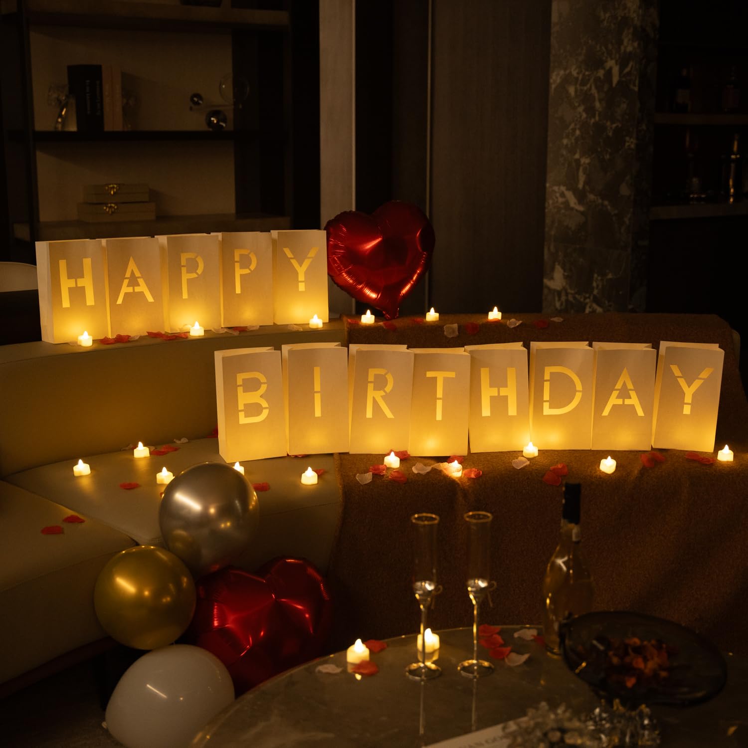 Decoraciones de feliz cumpleaños para mujeres y hombres, juego sorpresa con letras iluminadas, bolsas de papel luminosas, 30 velas LED de té, globos de corazón rojo, 1000 pétalos de rosa