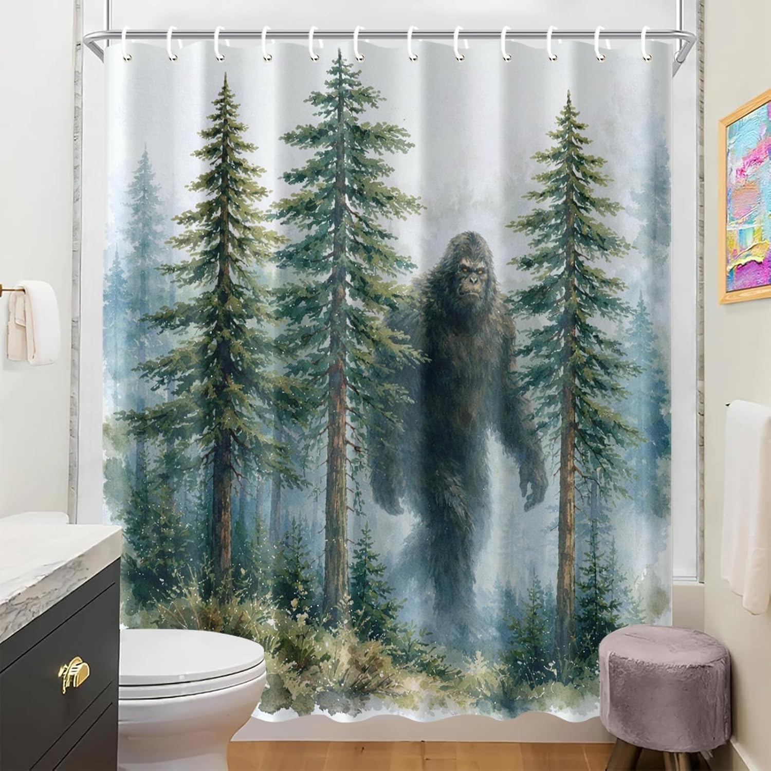 Bigfoot Shower Curtain 70.8x70.8 Inch with Hooks Sasquatch Walking in Forest Design Fabric Bathroom Decor Forest Landscape Nature Scene for Bathtub