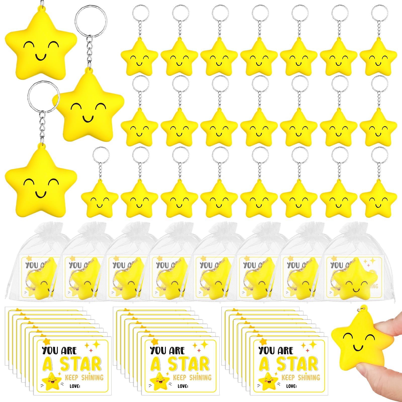 YXSJAS 24 Sets 72pcs Cute Keychain Bulk Smile Face Star Keyring Key Chains Funny Star Pendants Inspirational Cards Bags Appreciation Gifts Bulk Classroom Rewards Thank You Staff Gifts