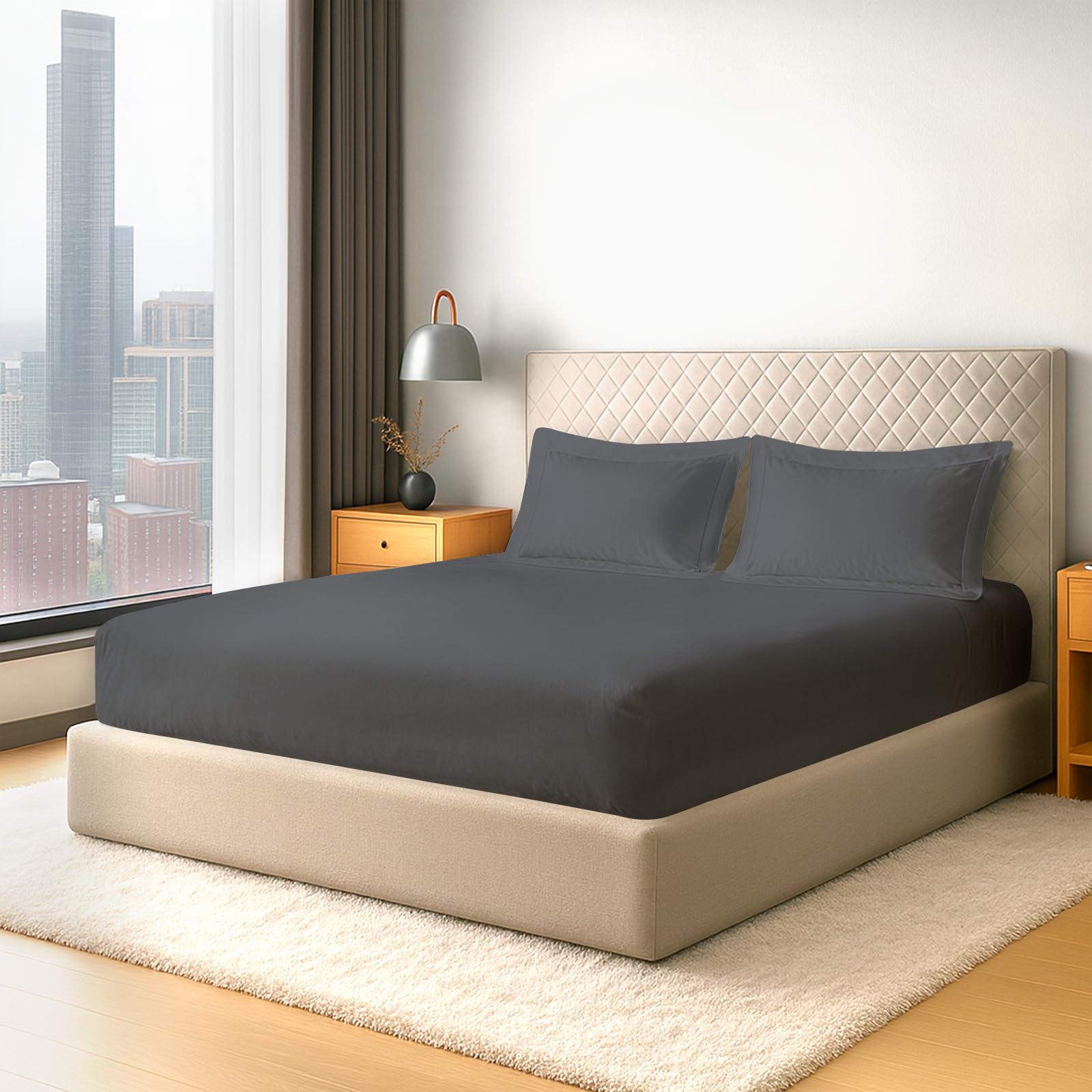 Pizuna Pure Cotton 600 Thread Count Super King Fitted Sheet with 2 Pillowcases, Dark Grey 100% Long Staple Cotton, Soft Sateen Weave 40 cm Deep Fitted Super King Size Sheet