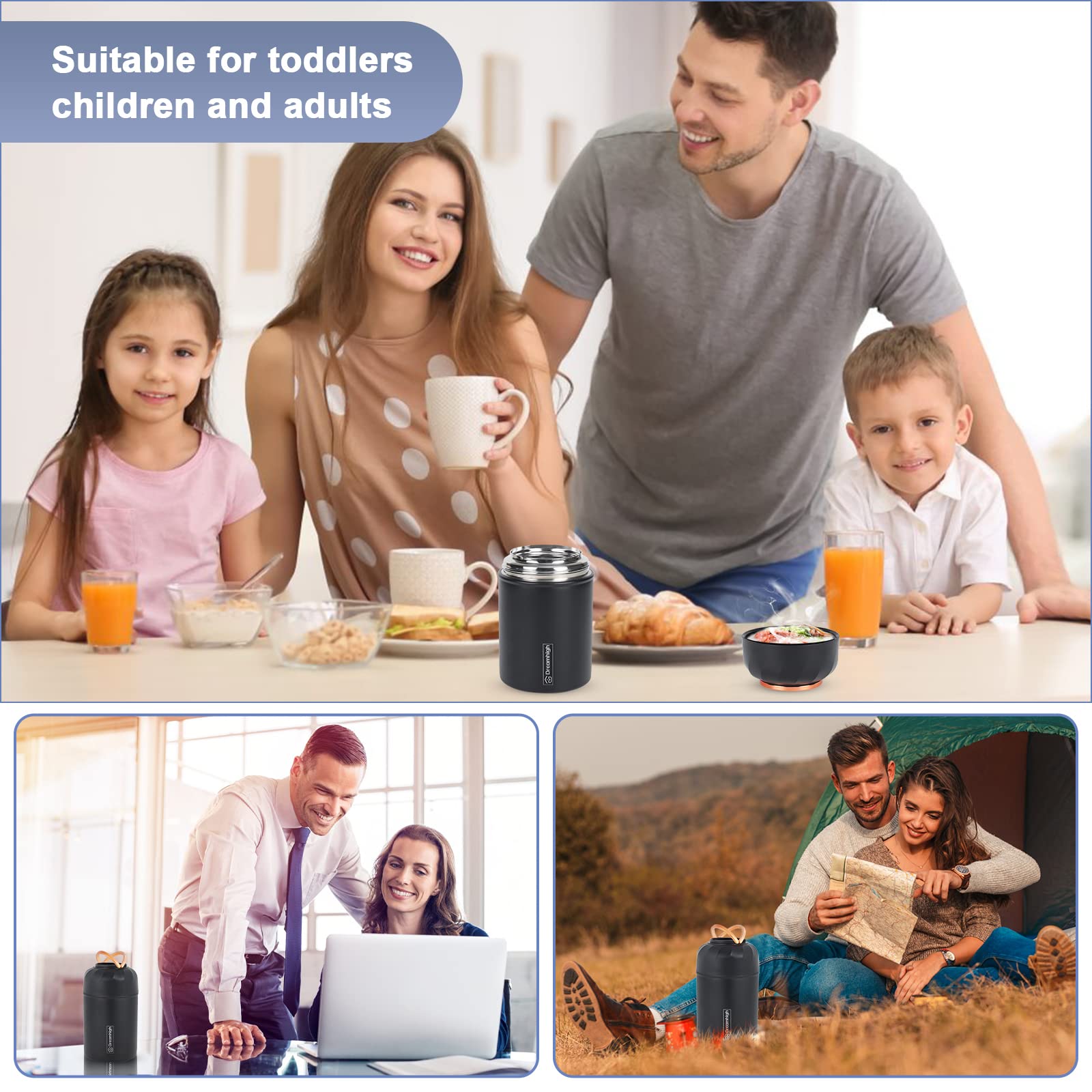 Dreamhigh® Thermos Alimenti Caldi 550 ml, Contenitore Termico di Acciaio Inossidabile con con Cucchiaio, Thermos Pappa Neonati A Prova di Perdita, per Zuppa, Porridge, Riso (Nero)