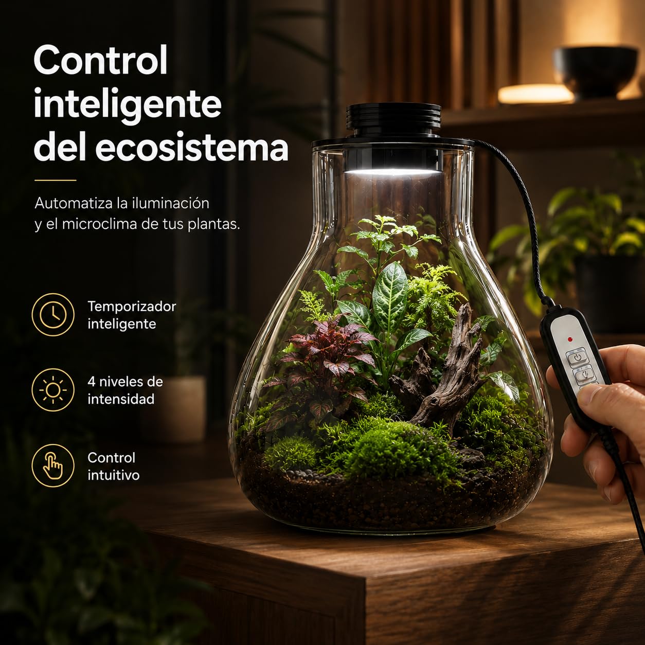 Tapa Smart LED para Terrario 10cm con Ventilación Regulable | Tapa metálica negra con USB, temporizador e intensidad ajustable para terrarios y jardines eternos