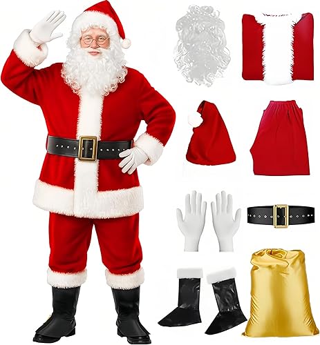 KEWORUIT Santa Claus Costume for Men Women Adult - 8PCS Deluxe Costume Santa Sui