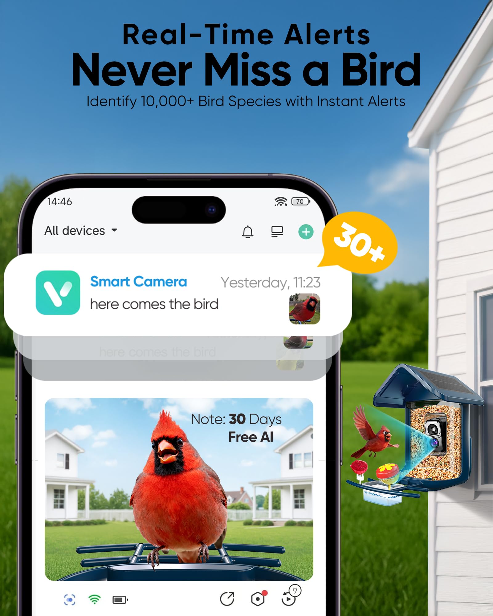 Comedero para pájaros con cámara: alimentador de cámara inteligente para pájaros alimentado por energía solar 2K Live Feed para patio trasero, identificación de IA de captura automática