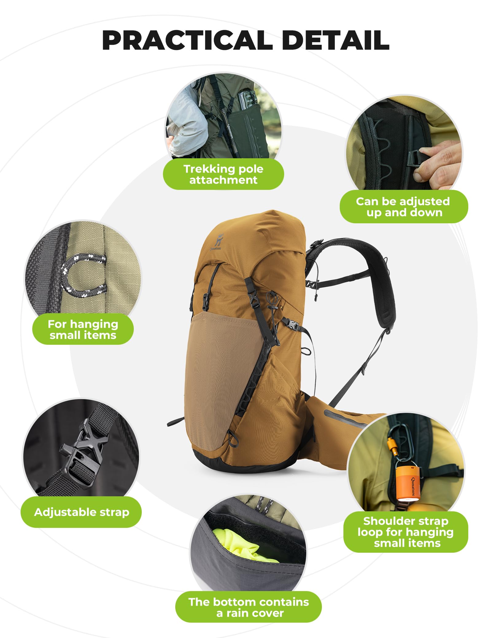 Mochila de Senderismo Impermeable 25L, Mochila de Trekking Ultraligera con Funda para Lluvia, Compartimento Superior Desmontable, Sistema de Espalda Transpirable, Caqui