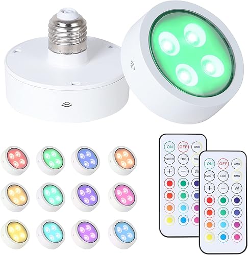 Kingmi Paquete de 2 luces LED de empuje con control remoto inalámbrico de 13 colores RGB AA, bombilla de batería regulable, funciona con pilas,