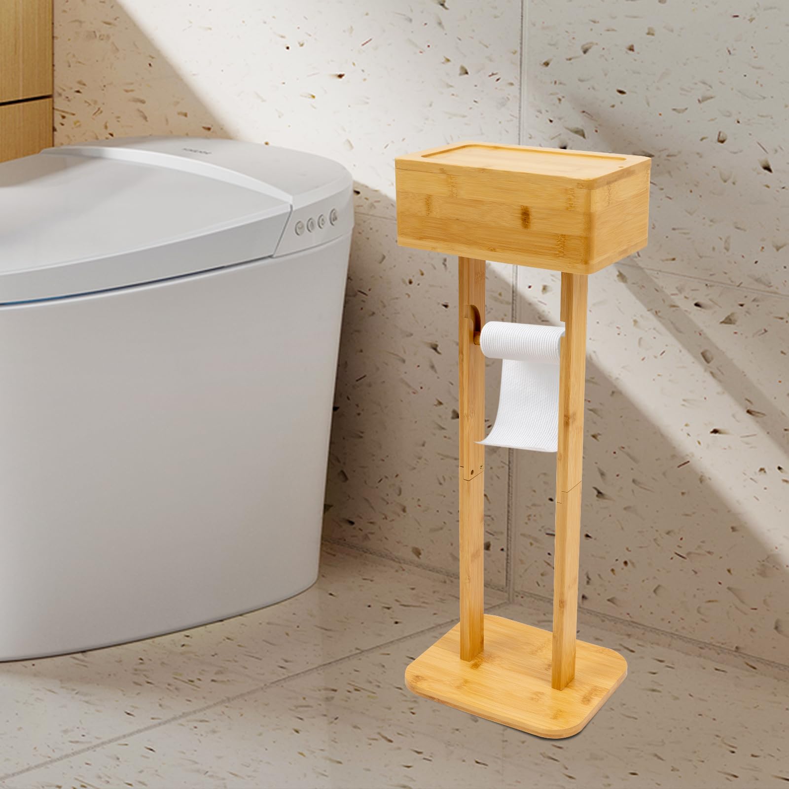 Portarrollos de papel higiénico de bambú con caja de almacenamiento, altura aprox. 65 cm, color natural, ahorra espacio para baño y WC, incluye estante y compartimento para rollos de repuesto con tapa