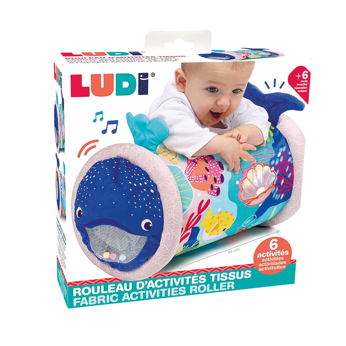 LUDI - Baby Roller Ballena - Rodillo Inflable de Actividades - 6 Actividades sensoriales - Desarrolla motricidad y Coordinación - A Partir de 6 Meses - 45 x 30 cm